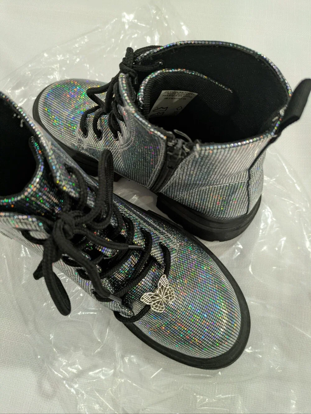 Holographic Silver Combat Boots Butterfly Charm, Child Size 3